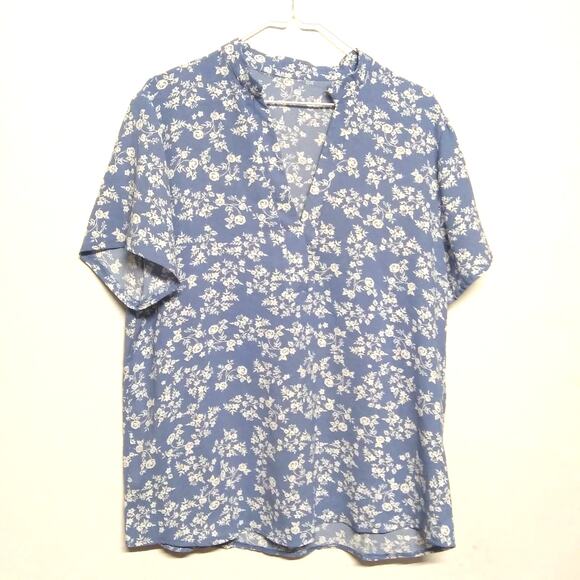 Misslook Floral Print Split Neck Blouse Blue Sz L - Picture 1 of 6